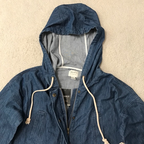 SOLD Forever 21 Denim Hoodie Jacket Oversized Parka Blue Pit to Pit 21” Size XS - Picture 6 of 16